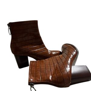 Chic Brown Croc-Embossed Ankle Boots